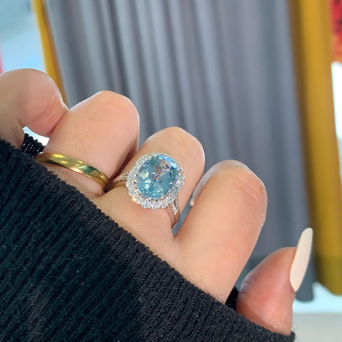 K18 天然サンタマリアアクアマリン 天然ダイヤモンド リング 3.65ct 3