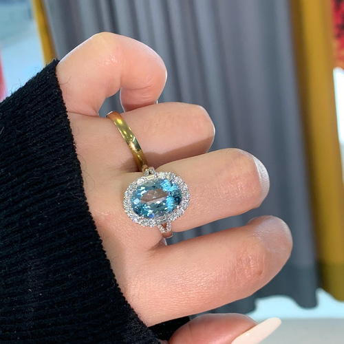 K18 天然サンタマリアアクアマリン 天然ダイヤモンド リング 3.65ct 3