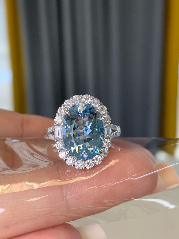 K18 天然サンタマリアアクアマリン 天然ダイヤモンド リング 3.65ct 3