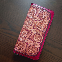長財布 薔薇レザーカービング ラウンドファスナーウォレット 長財布