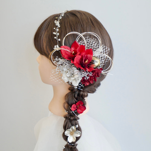 A118 ストーンカチューシャの髪飾り 赤 成人式 卒業式 七五三 浴衣