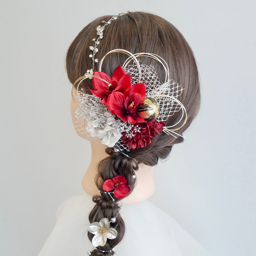A118 ストーンカチューシャの髪飾り 赤 成人式 卒業式 七五三 浴衣