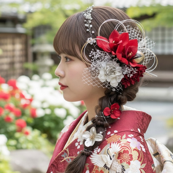 A118 ストーンカチューシャの髪飾り 赤 成人式 卒業式 七五三 浴衣