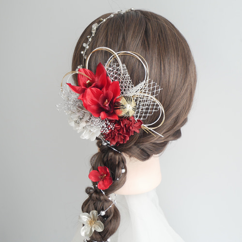 A118 ストーンカチューシャの髪飾り 赤 成人式 卒業式 七五三 浴衣