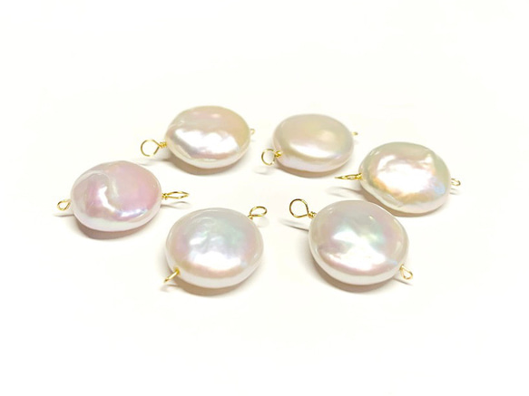 【淡水真珠チャーム】コイン10～13mm　14kgf/シルバー925　2個　ハンドメイド素材 1枚目の画像