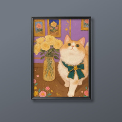 絵画 。壁掛け絵【美しい赤いバラ園でワインを飲みながら白い猫を抱いている少女】 絵画 。壁掛け絵【美しい赤いバラ園でワインを飲みながら白い猫