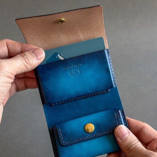 お札を折らない 手染めの三つ折り財布【オーシャン】青 ブルー ミニ