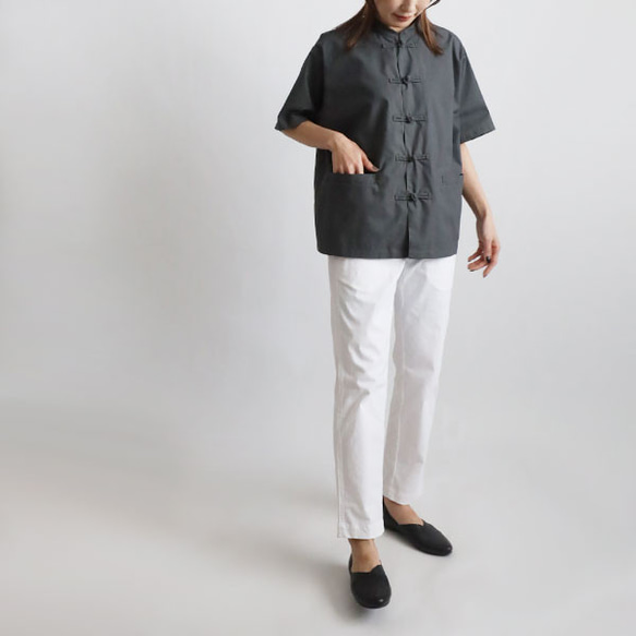 ⁂ラスト１　花ボタン　スタンドカラー　シャツ　ジャケット　カンフー　前開き　グレーH45C 8枚目の画像