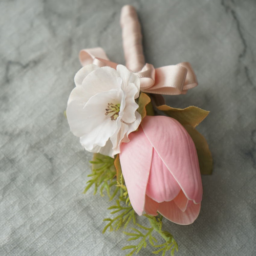 受注制作】ピンクチューリップ ウェディングブーケ＆ブートニア【造花