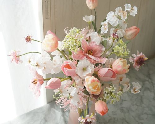 受注制作】ピンクチューリップ ウェディングブーケ＆ブートニア【造花