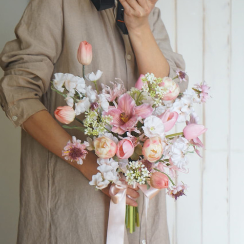 受注制作】ピンクチューリップ ウェディングブーケ＆ブートニア【造花