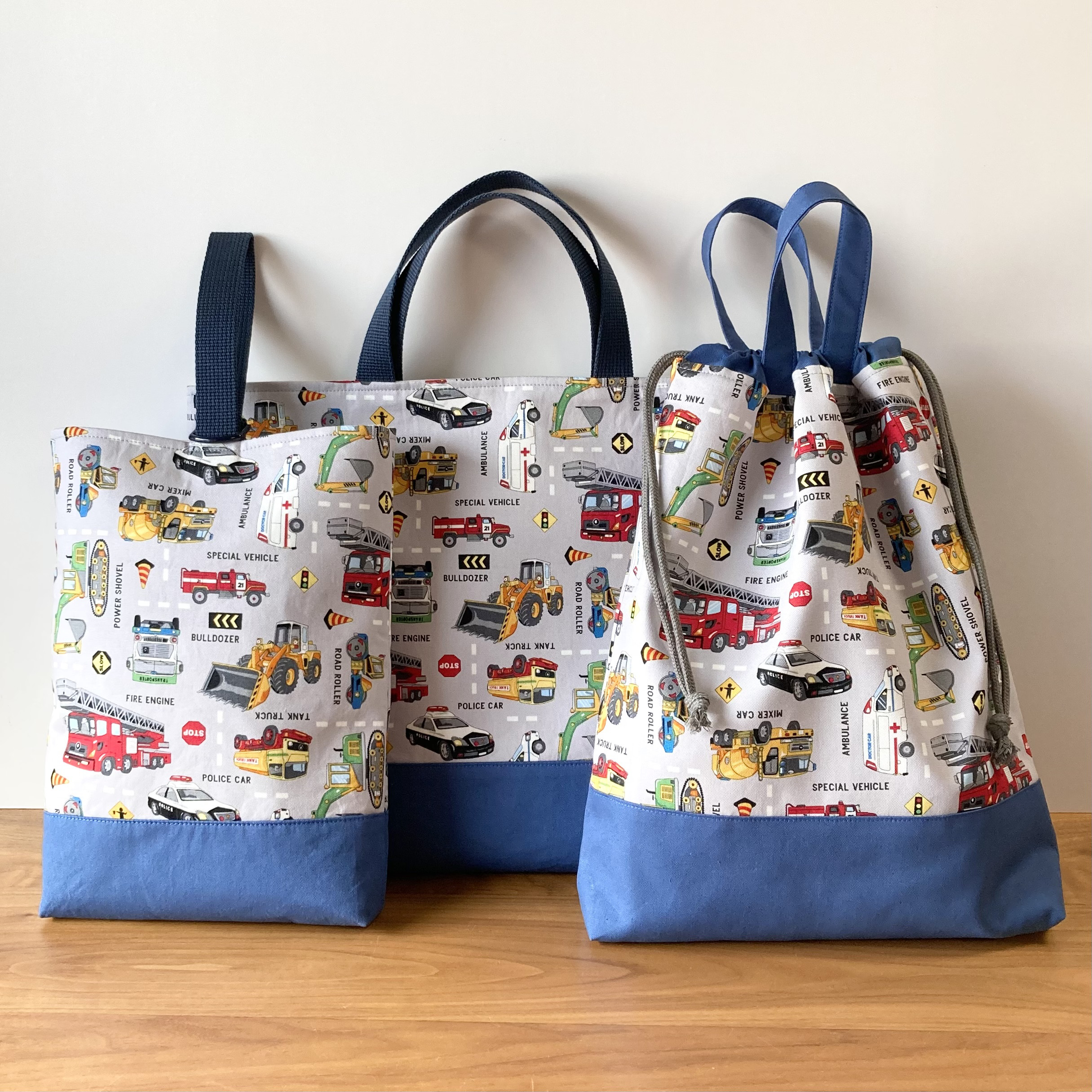 はたらく車の入園入学3点セット レッスンバッグ+シューズケース+体操服入れ グレー×くすみブルー 男の子