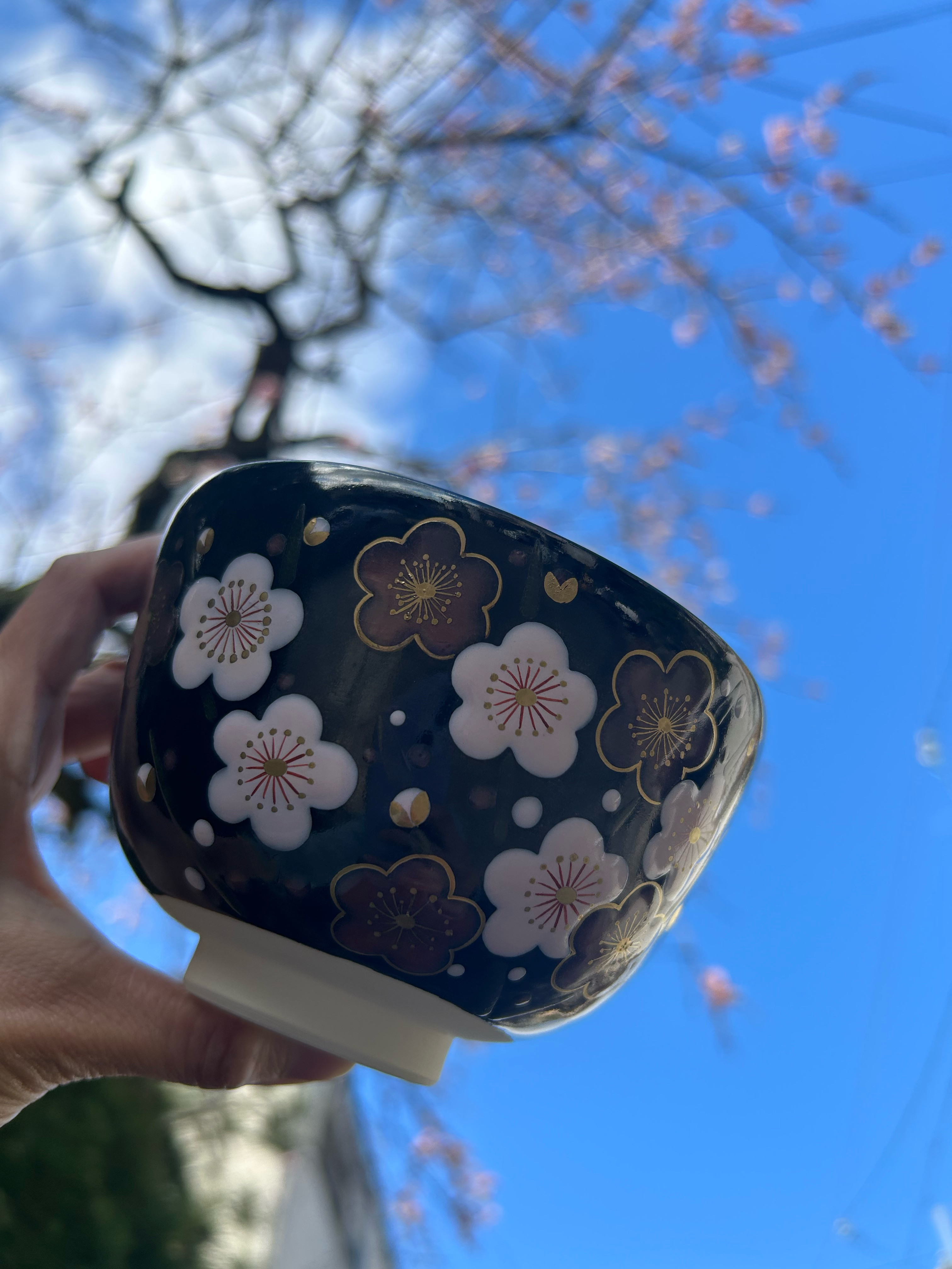 黒釉　梅の花　抹茶茶碗