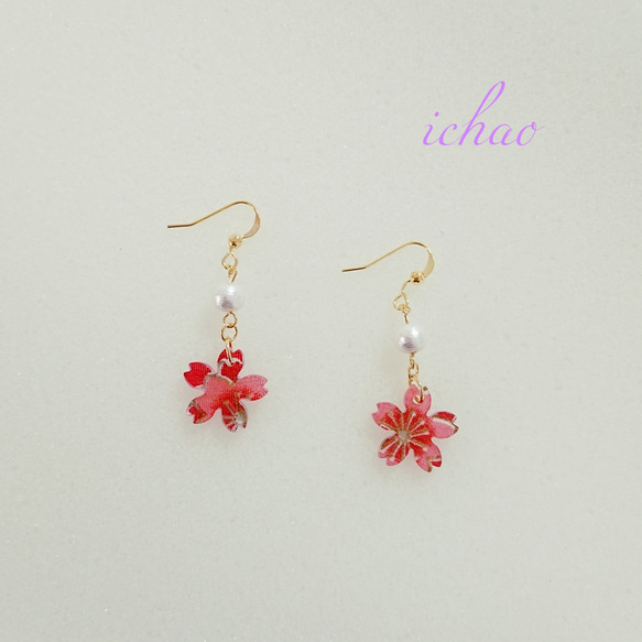 在庫セール☆14kgfフック交換可♪桜×コットンパールの春色ピアス／イヤリング 2枚目の画像
