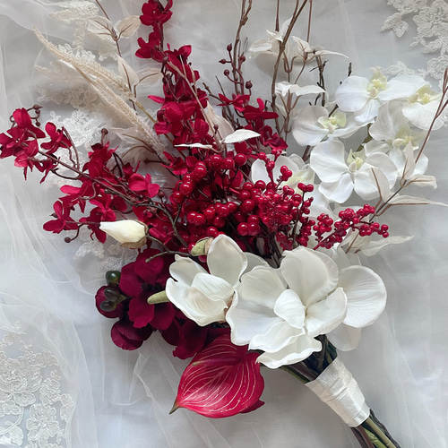 和装ブーケ、胡蝶蘭、マグノリア、オンシジュウム、枝、ウェディング