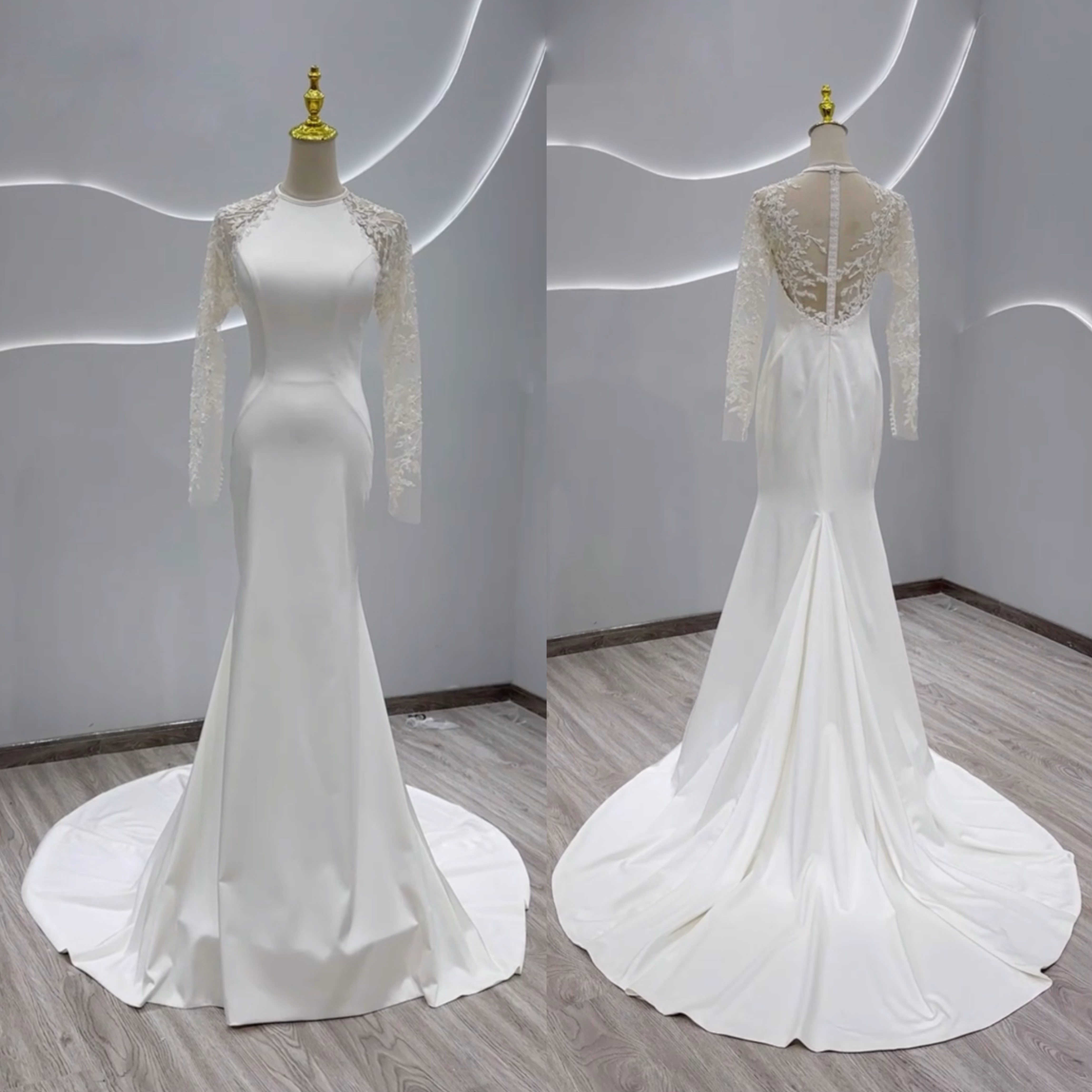 エレガントなシルエット　背中空き　ボタン　マーメイド　優雅　透け袖　長袖　魅惑の花レース　フランススタイル　短いトレーン