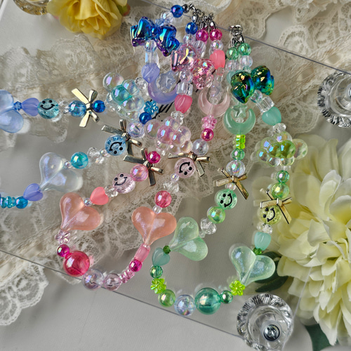 ピンクストラップビーズアクセサリー ビーズストラップ 携帯ストラップ