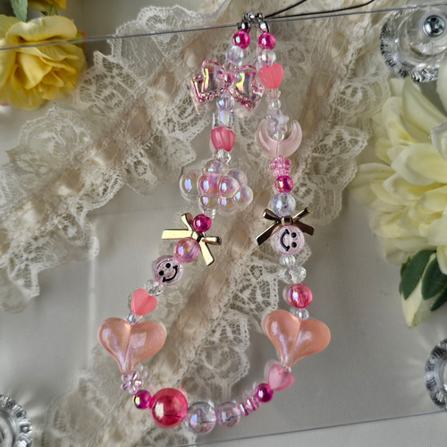 ピンクストラップビーズアクセサリー ビーズストラップ 携帯ストラップ