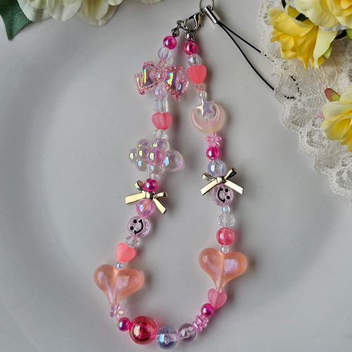 ピンクストラップビーズアクセサリー ビーズストラップ 携帯ストラップ