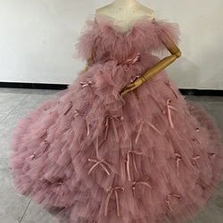 もこもこピンクカラードレス チュールドレス フリルオフショルダー