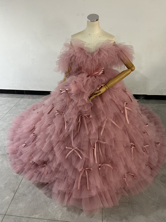 もこもこピンクカラードレス チュールドレス フリルオフ