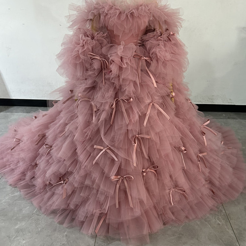 もこもこピンクカラードレス チュールドレス フリルオフ