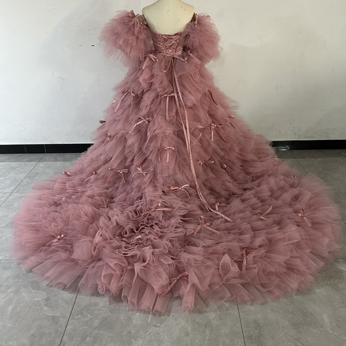 もこもこピンクカラードレス チュールドレス フリルオフショルダー
