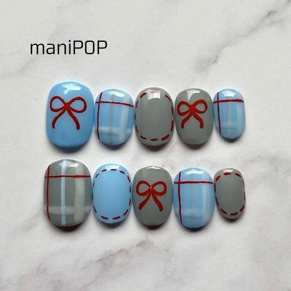 チェック×リボン ネイルチップ