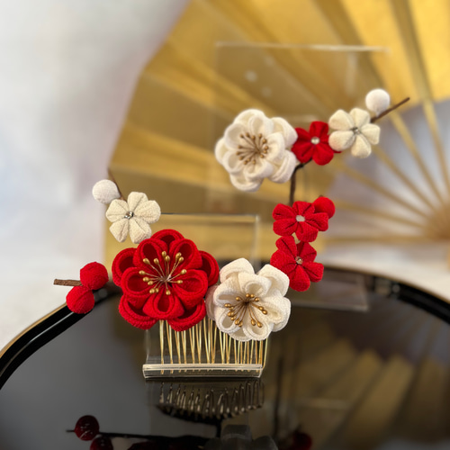 桜梅桃李〉【梅枝(紅梅)】⭐︎OPでフルセットに! つまみ細工 赤 髪飾り