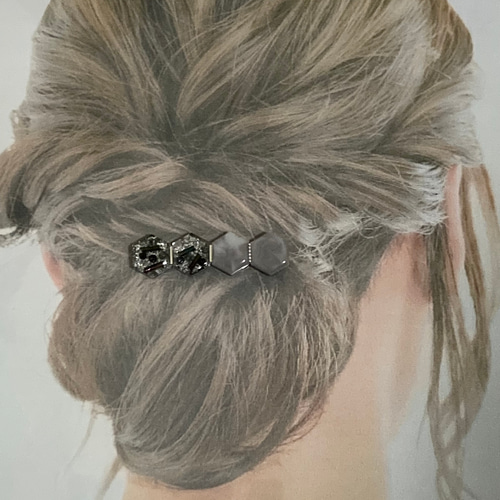 くすみカラー ビーズ ヘアクリップ シルバー レジン ヘアアクセサリー
