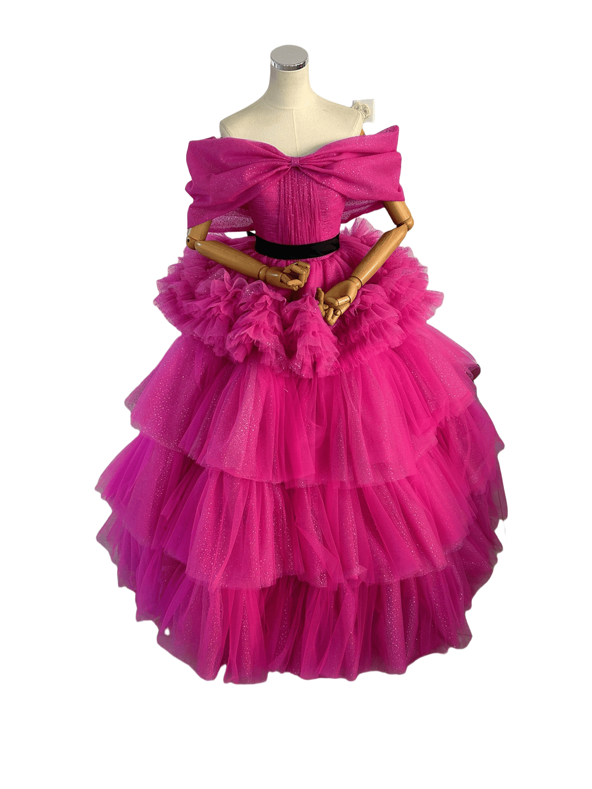 カラードレス オフショルダー ローズピンク サッシュベルト ティアードのドレス グリッタードレス 花嫁