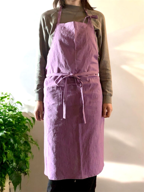 コットンリネンエプロン　フレンチライラック　くすみカラー 4枚目の画像