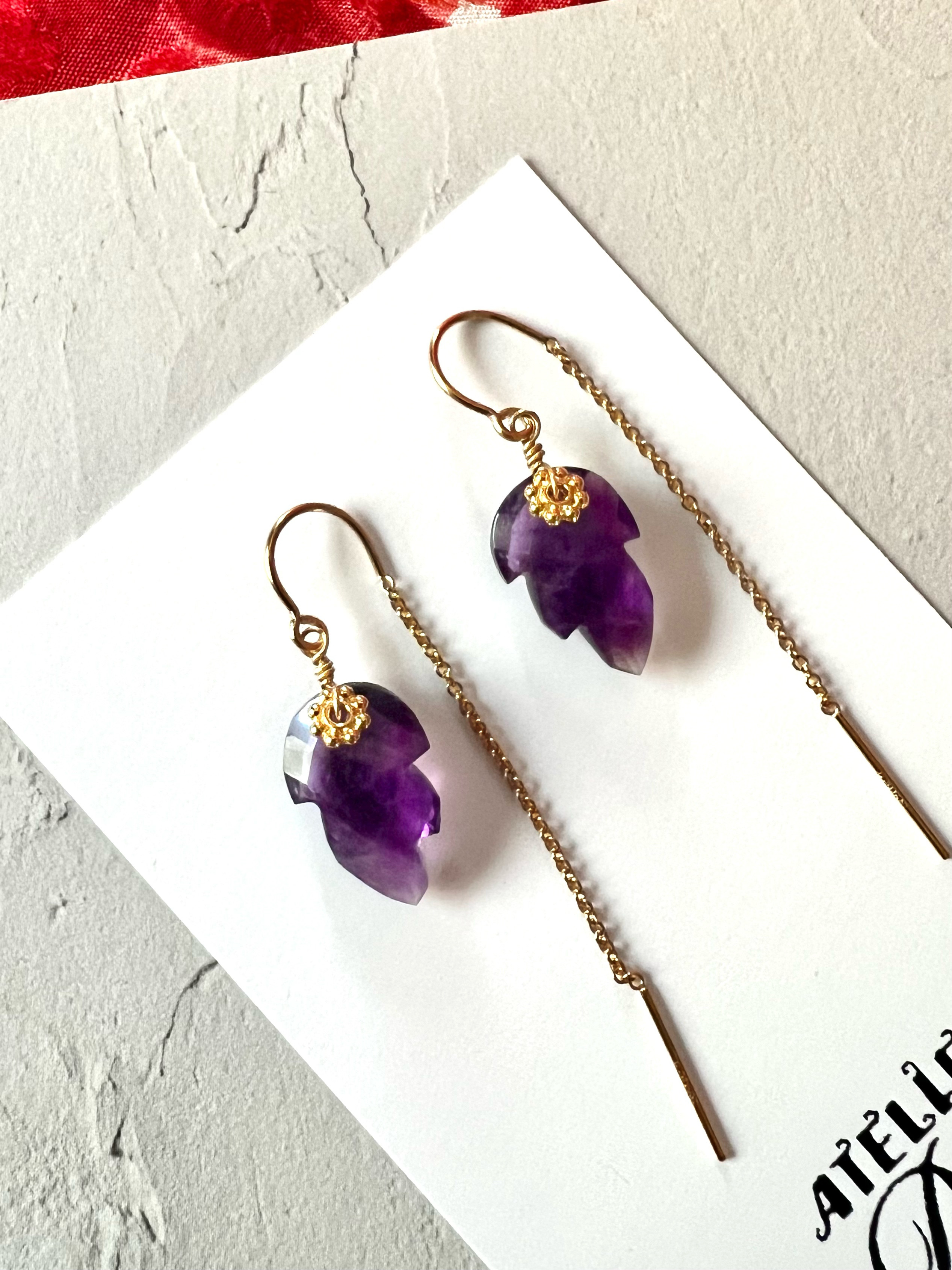 アメジストリーフのアメリカンピアス　天然石　k14gf