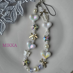 ハートとレオパードの✩strapWHITEビーズストラップ 携帯ストラップ