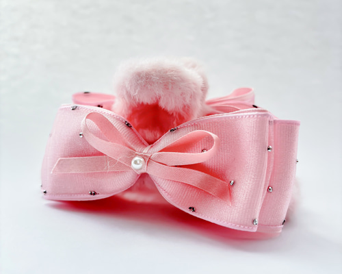 ハンドメイド♡♡ファーバンスクリップ♡Fancy赤ギンガム もふもふのぬいぐるみみたい♡ファーバンスクリップ 大きいリボン