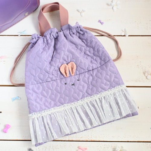 入園入学4点セット ハートキルティング パープル ブラック お着替え袋