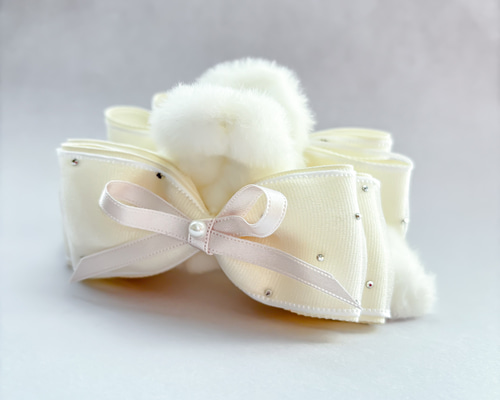 大人可愛いリボン半月アーチバナナクリップ☆レース刺繍リボン×ミンクファー 大人可愛いリボン半月アーチバナナクリップ☆レース刺繍リボン×ミンク