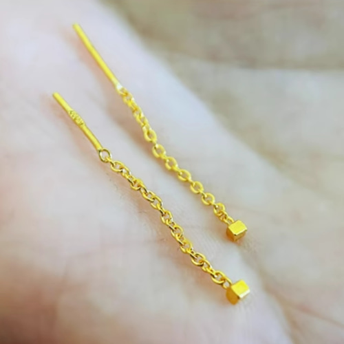 24K（片耳）K24純金スクエア型チェーンピアス24K純金長い