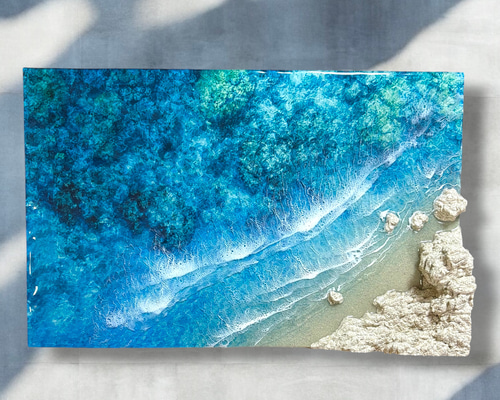 『沖縄の海を感じる』ウミガメが泳ぐ離島の海・オーシャンレジンアート／立体アート N919「亀と珊瑚」☆超立体 沖縄の海 レジンアートボード 美ら海