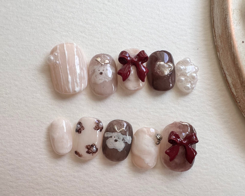 No.245 バレンタインネイル、リボンネイル、犬ネイル ネイルチップ