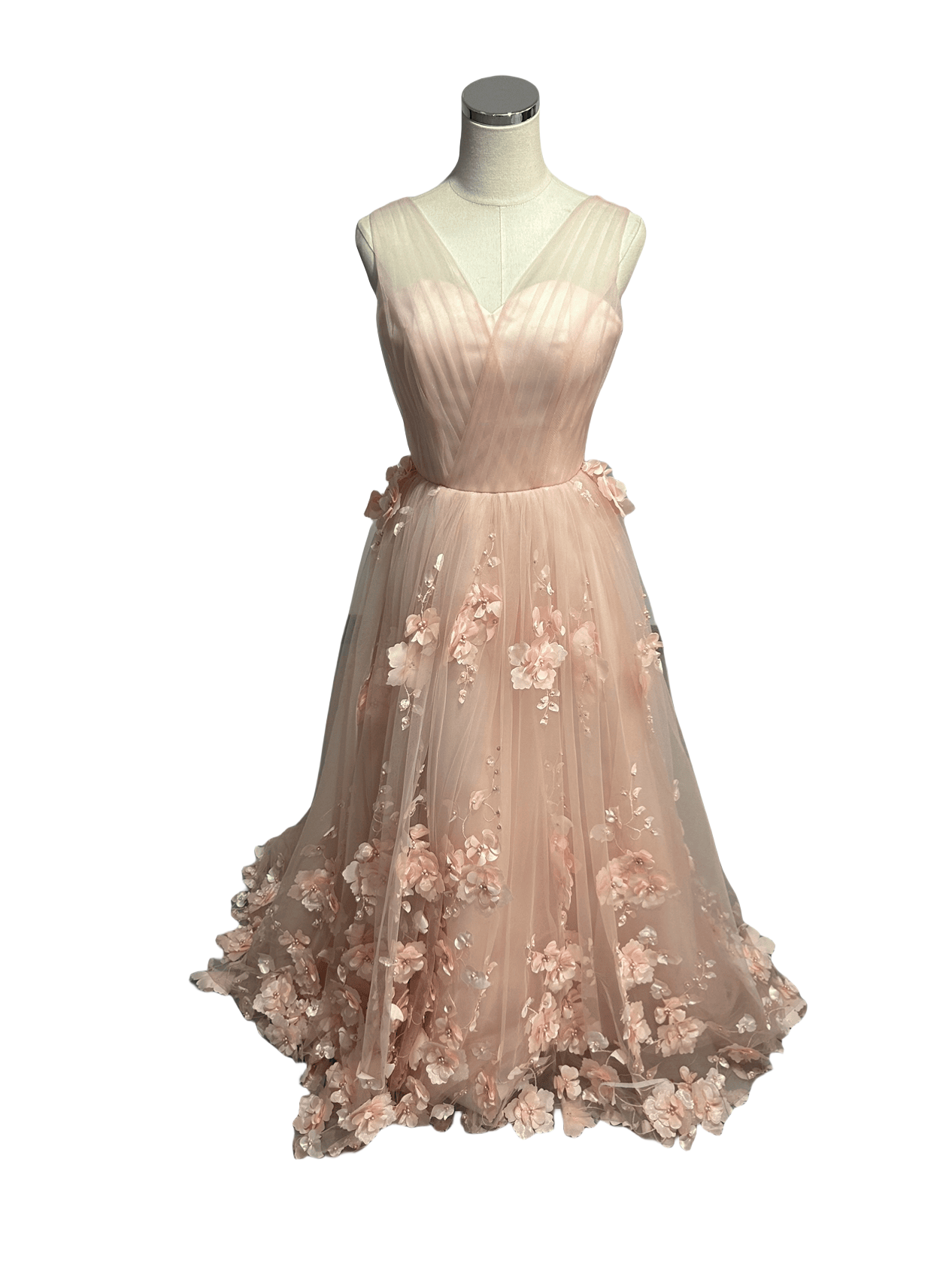 カラードレス 薄ピンク Vネックドレス ノースリーブ 3D立体レース刺繍 花柄のモチーフ刺繍が美しく ブライダル