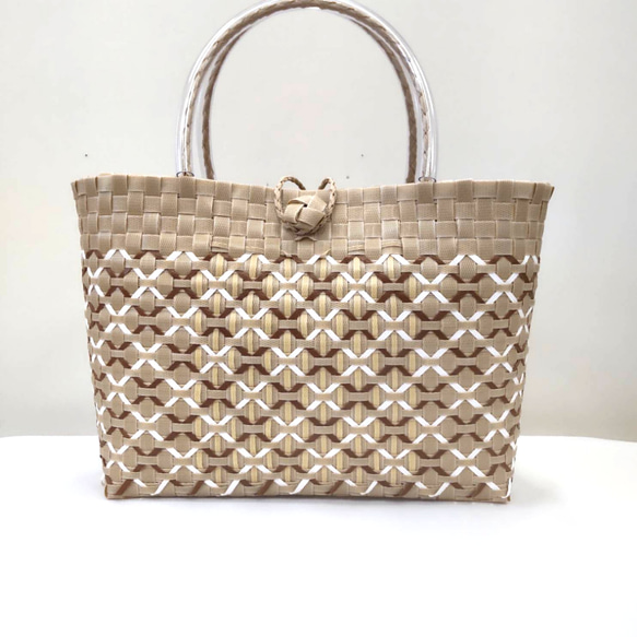 プラカゴ ppバンド かごバック、モカブラウンに焦げ茶と白とベージュを