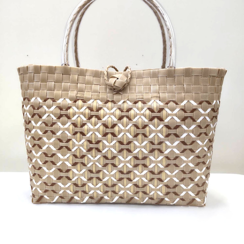 プラカゴ ppバンド かごバック、モカブラウンに焦げ茶と白とベージュを