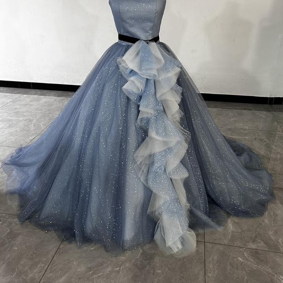 カラードレス ブルー ベアトップ ラッフルフリル リボン サッシュ  