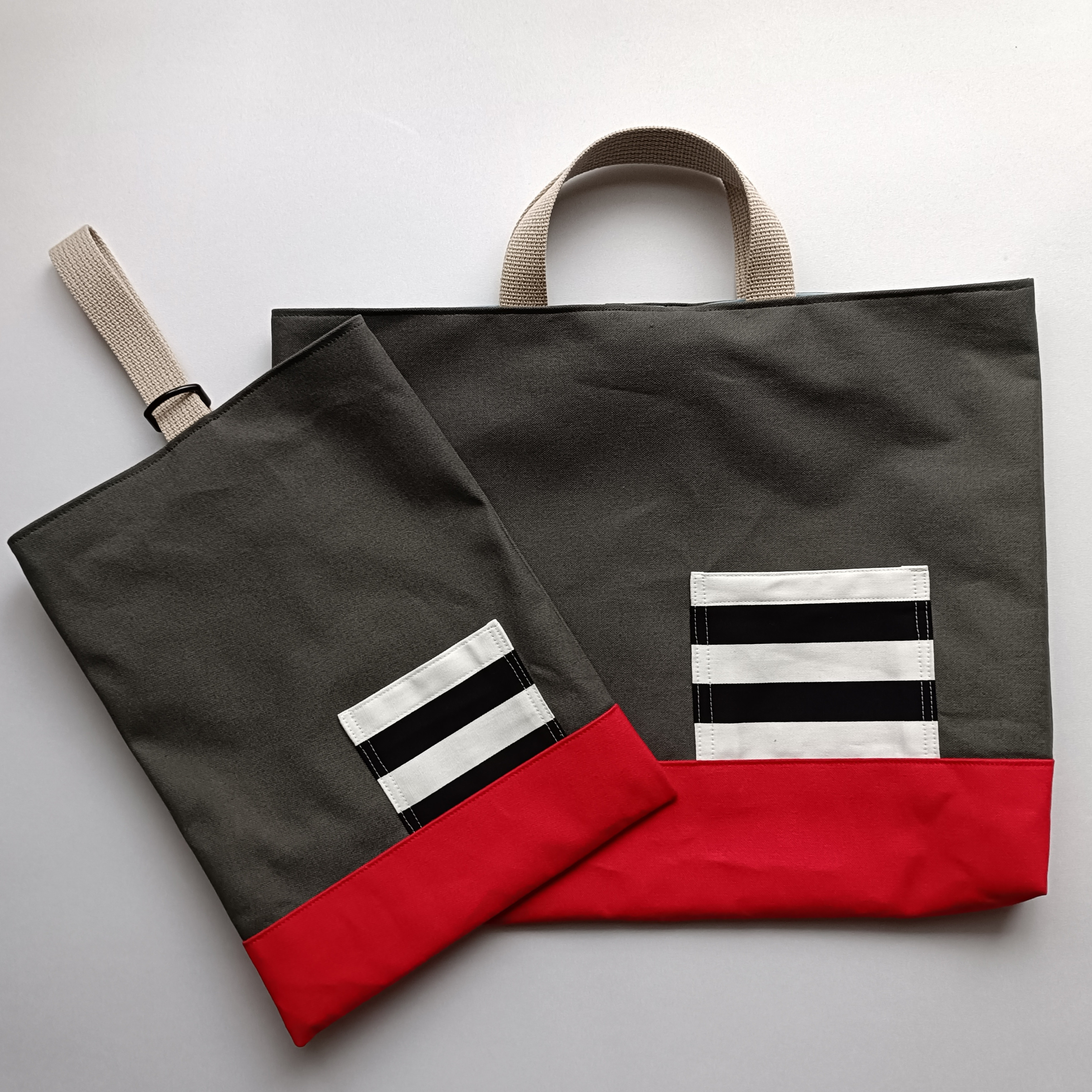 １１号帆布　濃いグレー×赤　レッスンバッグ上靴入れセット　男の子