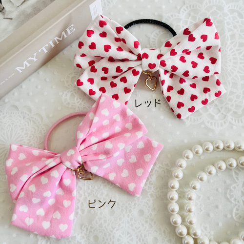 ハート柄 大きなリボンヘアゴム キッズ】子供 ヘアアクセサリー 布