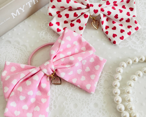 ハート柄 大きなリボンヘアゴム キッズ】子供 ヘアアクセサリー 布