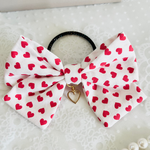 ハート柄 大きなリボンヘアゴム キッズ】子供 ヘアアクセサリー 布
