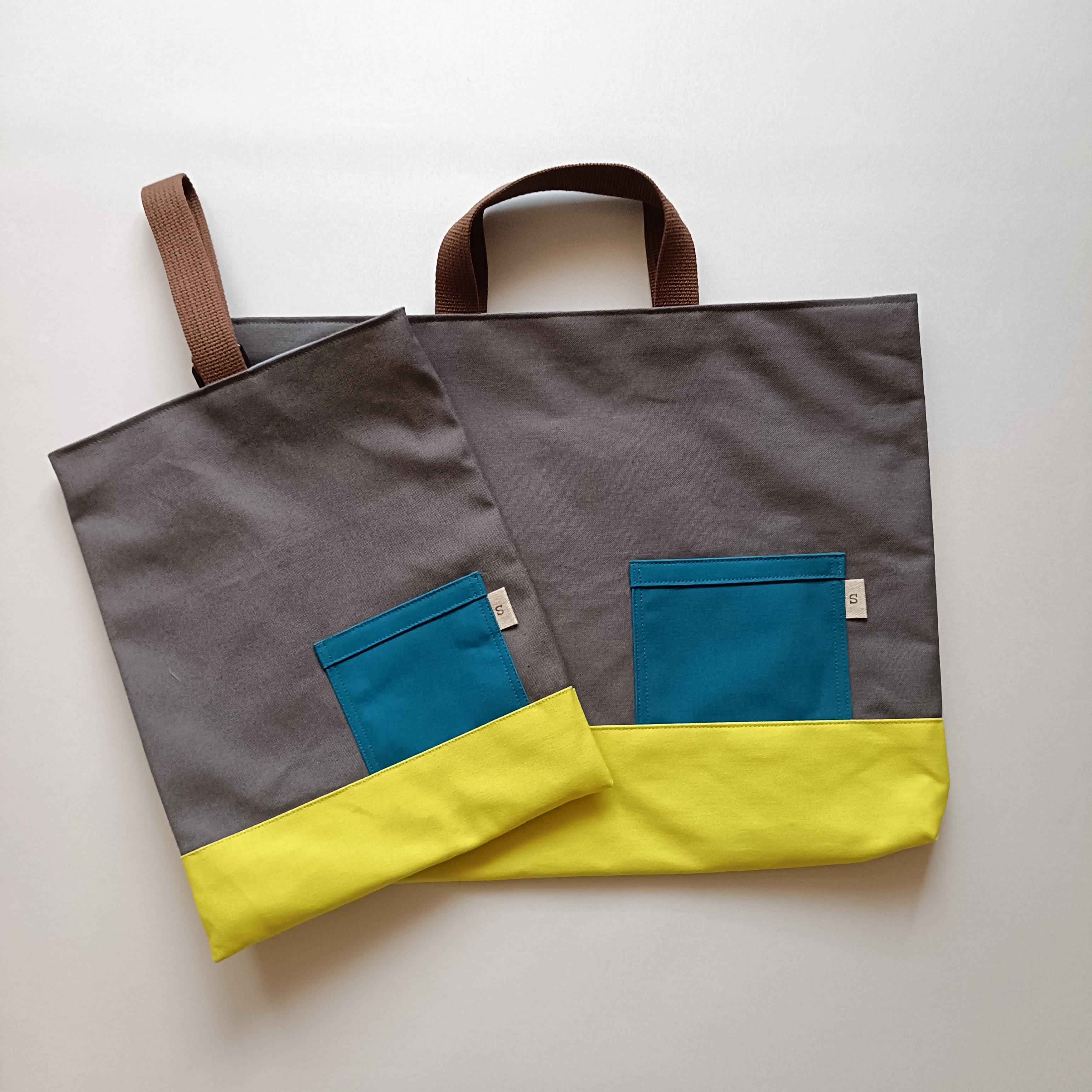 １１号帆布　ブルーポケット　グレー×イエロー　レッスンバッグ上靴入れセット　男の子