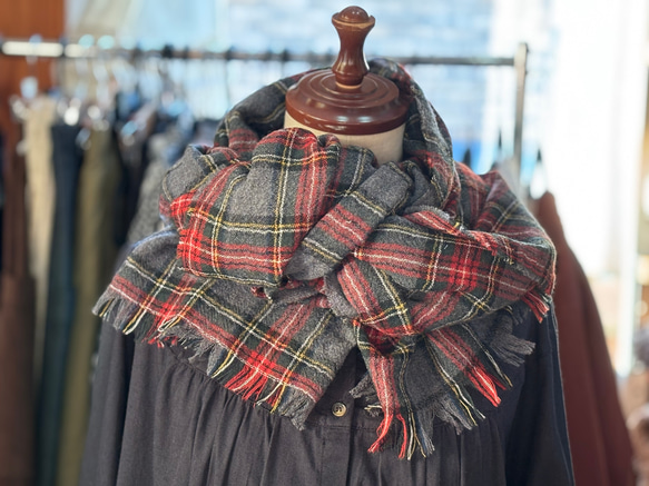 ウールガーゼ ストール マフラー グレー×レッド チェック ストール